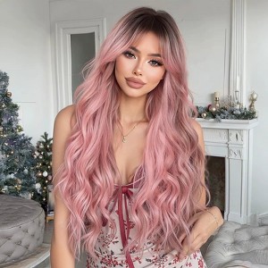 Pink Long Wavy Wigs with Bangs Synthetic Dark Roots Wigs for Women Natural Wave Fake Hair Heat Resistant Cosplay Party Use Wig - 1 of 4