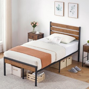 Platform Bed Frame with Rustic Wood Headboard, Bed Frame Queen with Strong Metal Slats Support, Under Bed Storage - 1 of 4