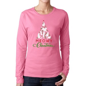 LA Pop Art Meowy Christmas Tree - Women's Word Art Long Sleeve T-Shirt - 1 of 4