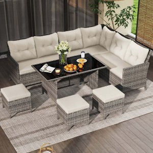 Costway 7 PCS Patio Dining Furniture Set PE Rattan Sectional Sofa Set with Soft Cushions White/Black/Blue/Gray - 1 of 4
