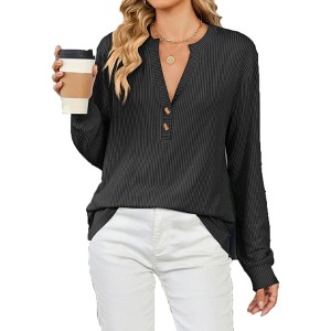 Women's V Neck Buttoned Long Sleeve Casual T-Shirt Soft Knit Fabric Blouse Tops - 1 of 4