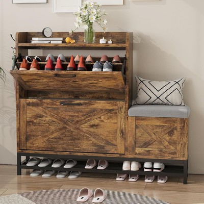 Shoe Cabinet with Bench, Farmhouse Narrow Slim Shoe Storage with 2 Flip Drawers