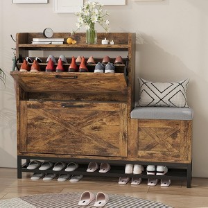 Shoe Cabinet with Bench, Farmhouse Narrow Slim Shoe Storage with 2 Flip Drawers - 1 of 4