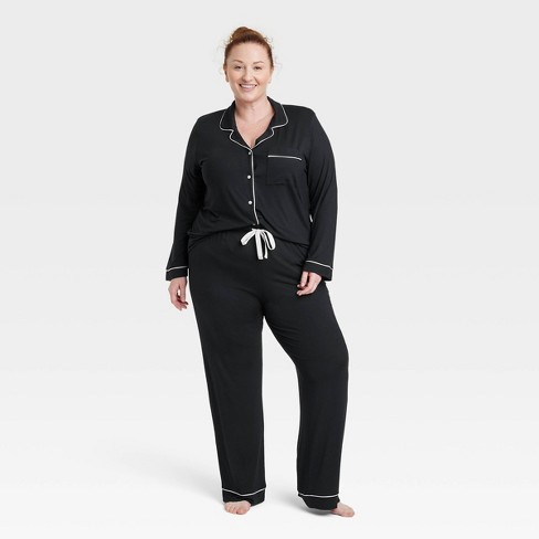 Women's Beautifully Soft Long Sleeve Notch Collar Top and Pants Pajama Set  - Stars Above™ Black 1X