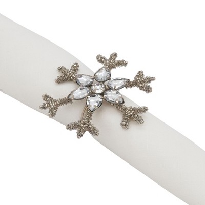 Silver Beaded Snowflake Design Holiday Napkin Rings, Set of 4