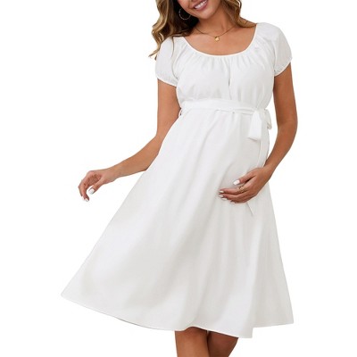 INSPIRE CHIC Women's Maternity Dress Boho Pleated Midi Tie Waist Belted Baby Shower Short Sleeve Babydoll Pregnancy Photoshoot