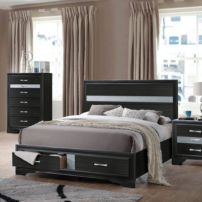 Black Queen Upholstered Bed with Storage Drawers and Slats