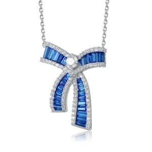 Guili Rhodium-Plated Sterling Silver Bowtie Pendant Necklace with Sparkling CZ in Purple or Blue—A Chic and Sophisticated Touch for Any Outfit. - 1 of 3