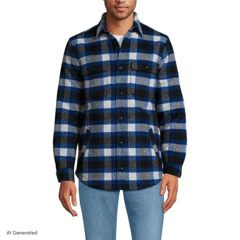 Lands' End Men's Super Brushed Shirt Jacket - Large - Aged Steel Heather/Blue Plaid