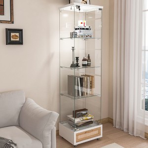 KTMBDW Glass Display Cabinet 4-Shelf with Door and Lock, Curio Cabinets Tempered Glass Floor Standing Bookshelf with Drawer for Bedroom, Living Room - 1 of 4