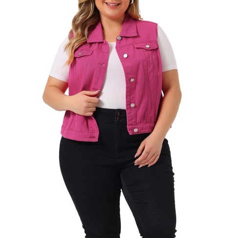 Agnes Orinda Women's Plus Size Buttons Denim Vest with Two Chest Flap  Pockets Denim Vests Hot Pink 4X