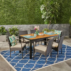 Christopher Knight Home Sere Outdoor Acacia Wood and Wicker 7 Piece Dining Set with Cushion, Brown/Cream - 1 of 4