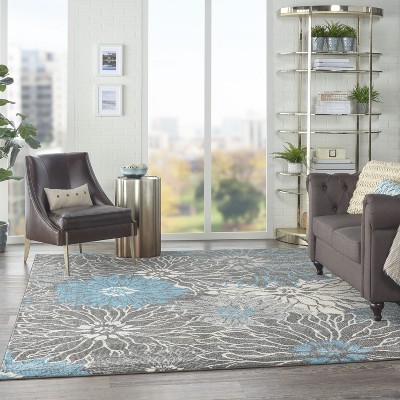 Charcoal and Blue Floral Synthetic Rectangular Area Rug