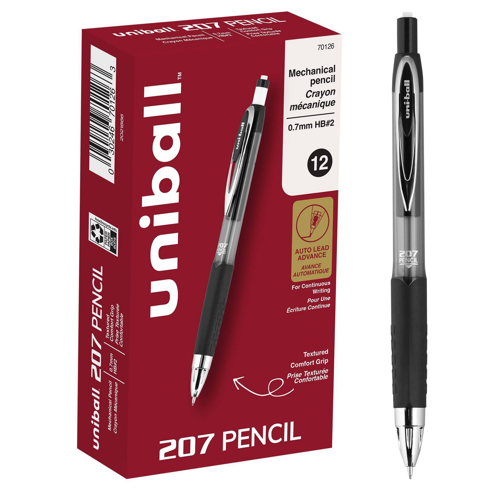 uniball 207 Mechanical Pencil, 0.7 mm, HB (#2), Black Lead, Black Barrel, Dozen