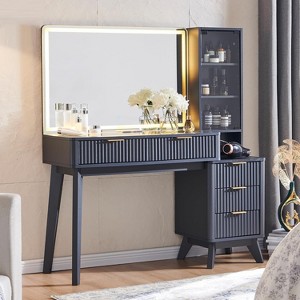 48" Fluted Makeup Vanity Desk with 36" HD Lighted Mirror & Drawers, Modern Big Vanity Table with Glass Top & Charging Station for Bedroom - 1 of 4