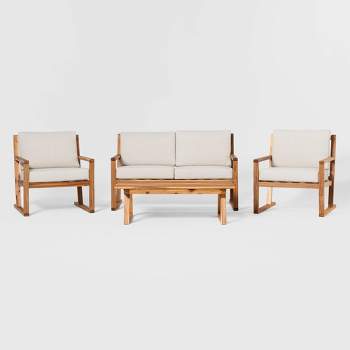 Saracina Home 4pc Modern Slat-Back Acacia Outdoor Conversation Set with Cushions 
