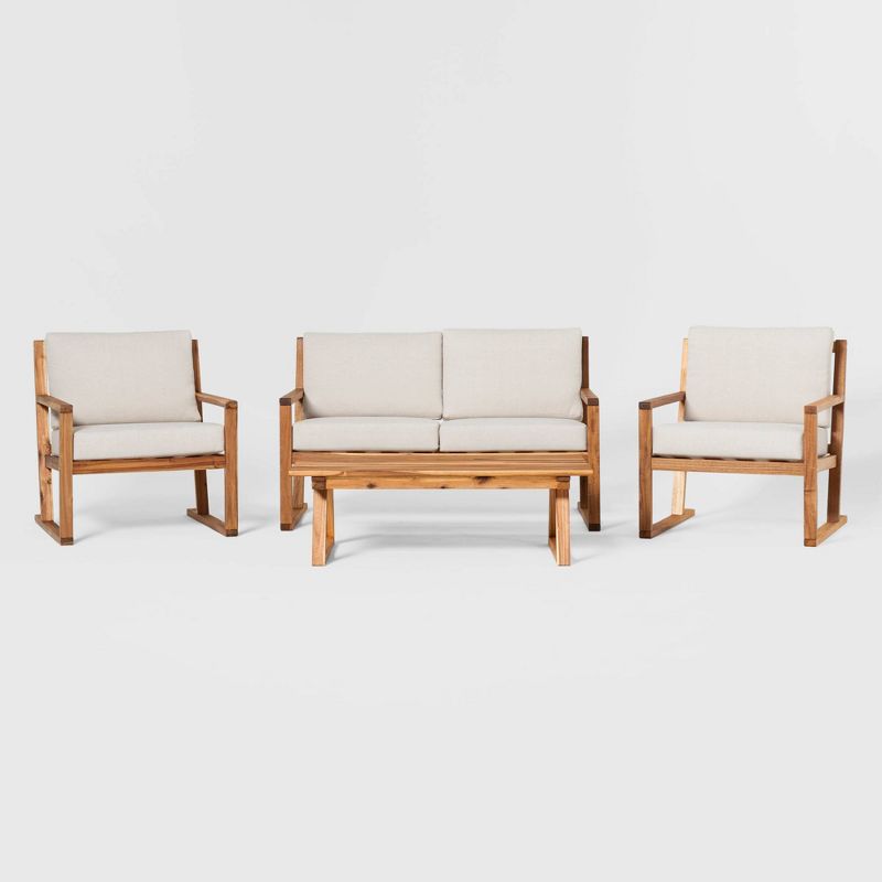 Saracina Home 4pc Modern Slat-Back Acacia Outdoor Conversation Set with Cushions Natural, 1 of 10