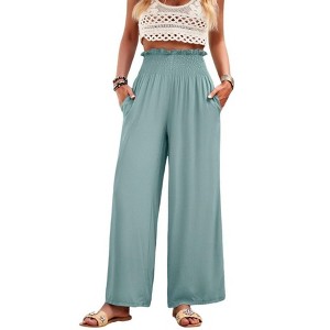 Clearlove Women Summer Elastic High Waisted Cotton Linen Palazzo Pants Wide Leg Long Lounge Pant Trousers with Pocket - 1 of 4