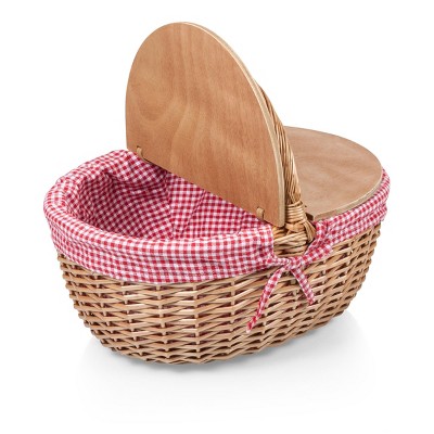 Navy Blue and White Stripe Wicker Picnic Basket with Wooden Lid