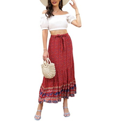 Women's Summer Elastic High Waist Boho Maxi Skirt Casual Ruffle A Line Long Skirt Flowy Midi Skirt