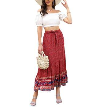 Women's Summer Elastic High Waist Boho Maxi Skirt Casual Ruffle A Line Long Skirt Flowy Midi Skirt