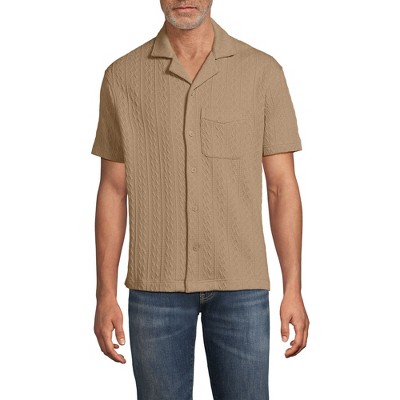 Lands' End Men's Short Sleeve Textured Cable Camp Collar Button Through Shirt
