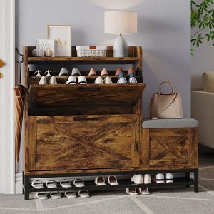 Shoe Cabinet with 2 Flip Drawers, Wood Narrow Shoe Cabinet with Bench & Hooks – Entryway Storage for Hallway, Living Room - 1 of 4