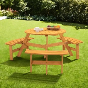 GDFStudio Hart Outdoor 6-Person Wooden Round Picnic Table with 3 Built-in Benches and Umbrella Hole - 1 of 4