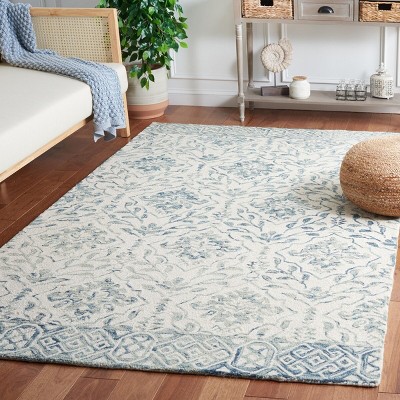 Ivory and Blue Hand-Tufted Wool Floral Rug