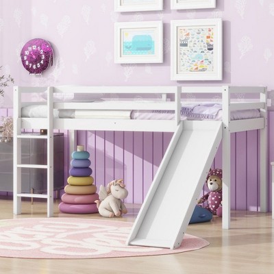 NicBex Twin Low Loft Bed with Guardrail,Rubber Wood Loft Bed Frame with Ladder and Slide,Bed Frame for Adults,Kids,Box Spring Not Required