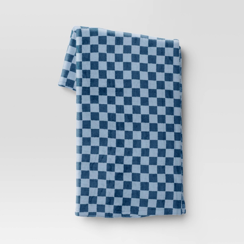 Photos - Duvet Checkerboard Printed Plush Throw Blanket Blue - Room Essentials™: Soft, Kn