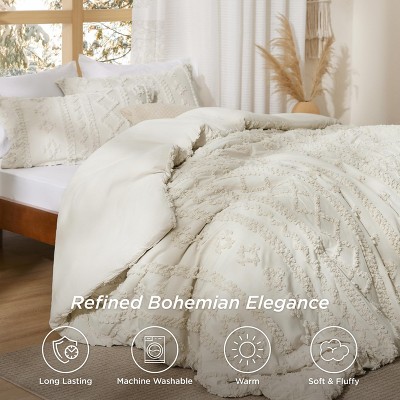 Beige Queen Size Tufted Boho Comforter Set with Embroidery