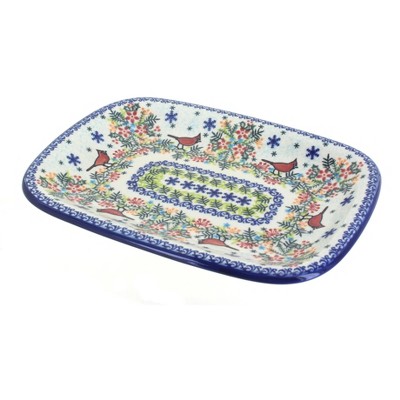 Blue Rose Polish Pottery Winter Cardinal Medium Rectangular Platter