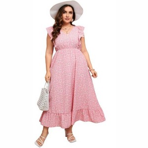 Coolmee Women's Plus Size Summer Boho Dress Ruffle Cap Sleeveless V Neck Long Beach Maxi Dress - 1 of 4