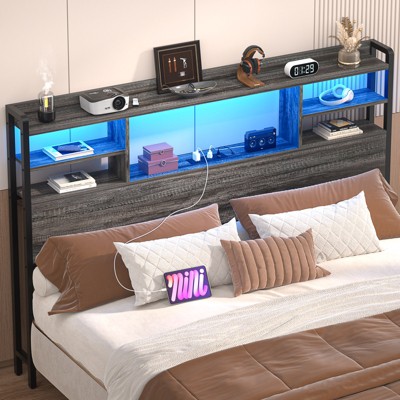 Aheaplus Headboard with Storage shelves and Charging Station, Wood Headboard with LED Light