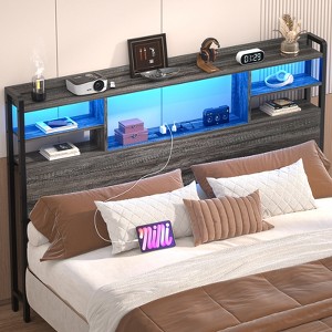 Aheaplus Headboard with Storage shelves and Charging Station, Wood Headboard with LED Light - 1 of 4