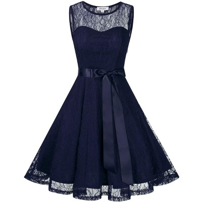Women's 50s Vintage Floral Lace Retro Rockabilly Sleeveless Round Neck Cocktail Party Swing Dress