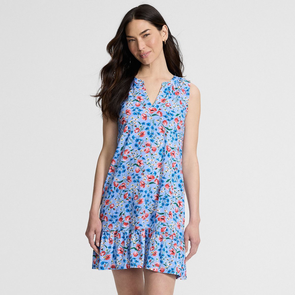 Lands' End Women's Sleeveless Cotton Jersey Notch Neck Flounce Dress