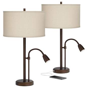 Possini Euro Design Traverse Modern Table Lamps 29" Tall Set of 2 with USB Charging Port Gooseneck LED Bronze Oatmeal Shade for Bedroom Living Room