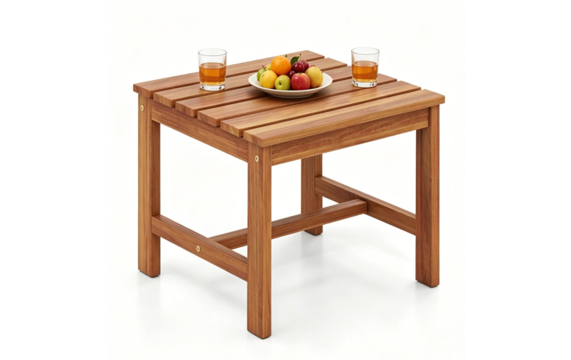 17 Inch Acacia Wood Outdoor Side Table, Square Slatted Patio End Table with Drainage Design, Heavy Duty Reinforced Frame for Backyard Garden Poolside