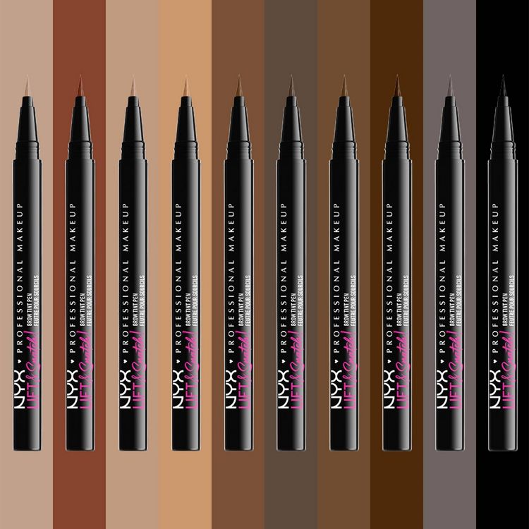 Black brow tint pens with fine tips, displayed against a gradient background of various brown shades.