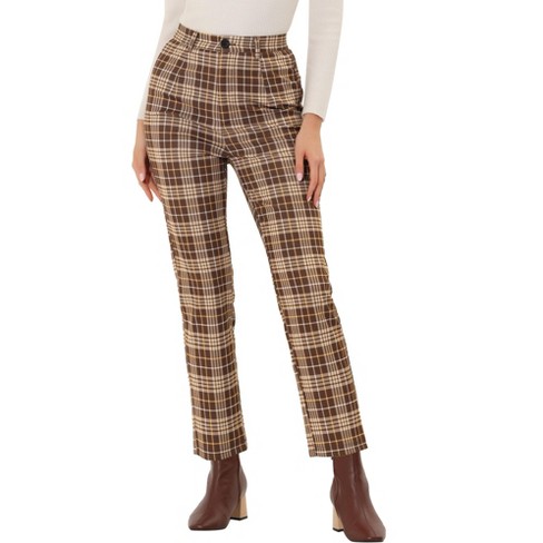 Allegra K Women's Plaid Tartan High Waisted Button Casual Pants Brown Plaid  Small : Target