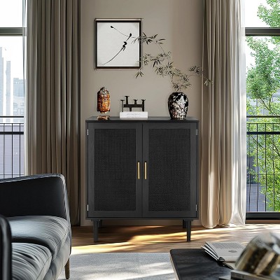 Sideboard Buffet Kitchen Storage Cabinet with Black Painted Rattan Decorated Doors, Cupboard Console Table Black
