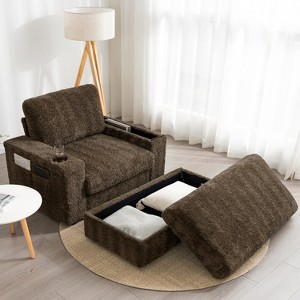 Whisen Oversized Faux Rabbit Fur Chaise Lounge with Storage Ottoman and Armrests, Upholstered Sleeper Sofa Bed with Cup Holders - 1 of 4