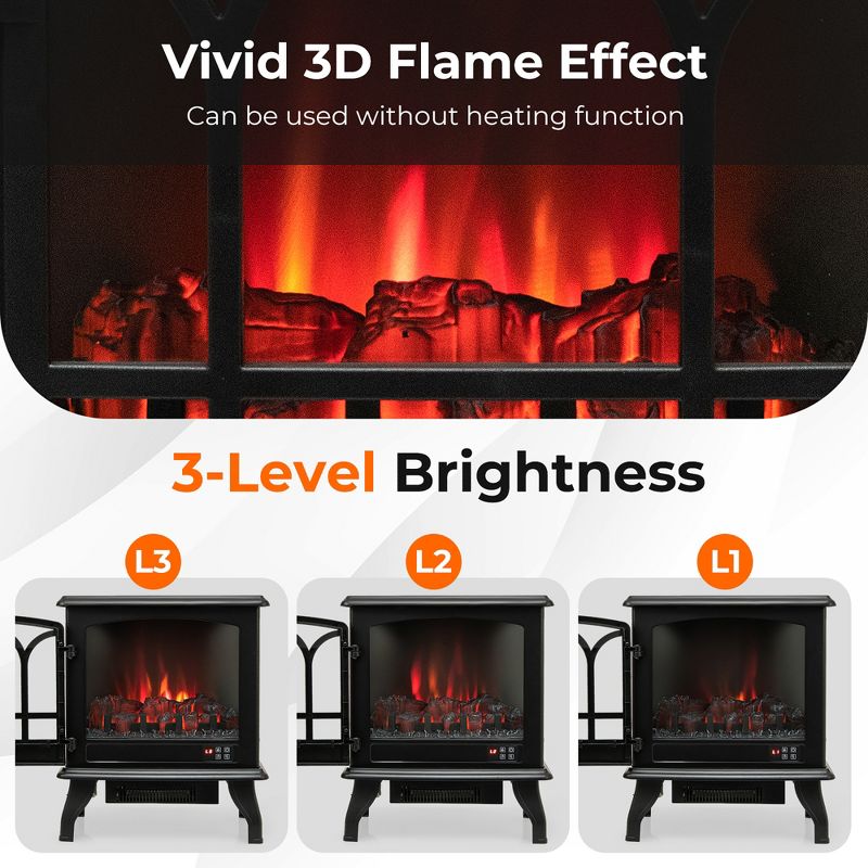 Costway 20” Freestanding Electric Fireplace 1400W Electric Stove Heater W/ 3-Level Flame Effect 3-Sided View & 6H Timer Overheat Protection, 5 of 11
