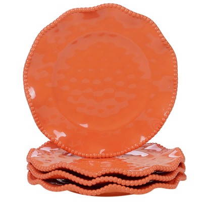 Coral Melamine Dinnerware Set with Beaded Ruffled Rims, Service for 4