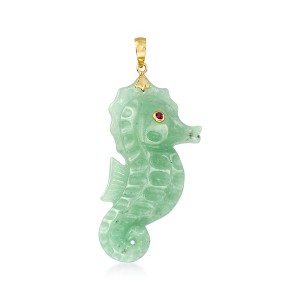 Ross-Simons Green Jade Seahorse Pendant With Ruby Accent in 14kt Yellow Gold Size 1.88 - 1 of 3