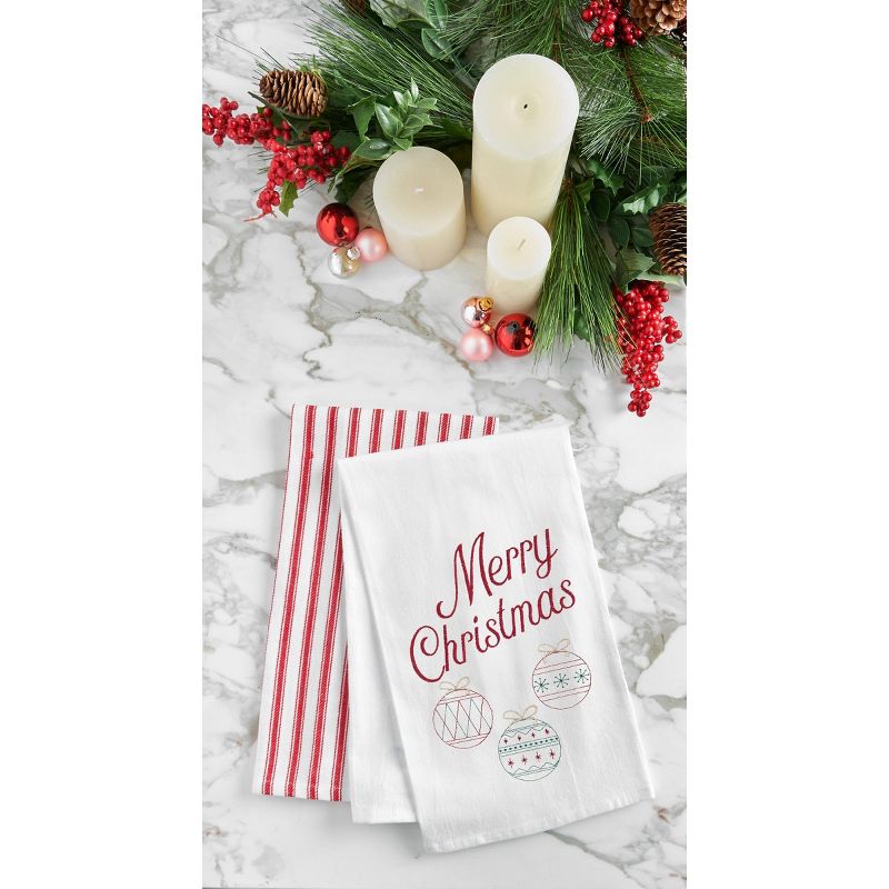 C&F Home Retro "Merry Christmas" Sentiment with 3 Ornaments Holiday Embroidered Flour Sack Kitchen Towel 27L x 18W in., 3 of 5