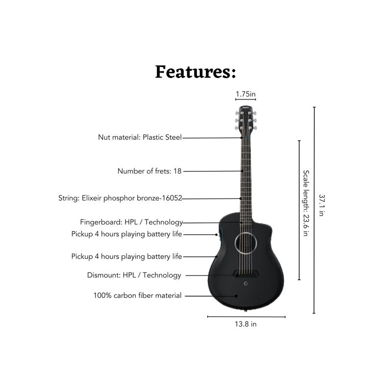 Joytar J1 PRO Full Carbon Fiber Acoustic Guitar 36 inch With Pickup and Gig Bag, 4 of 13