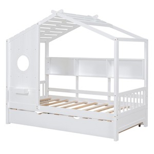 TopComfy Beds Wooden Twin Size House Bed with Trundle Modern Design Storage Shelf Wooden Build Trundle Shelf for Bedroom, White, 78.1"*14.75"*6.9" - 1 of 4